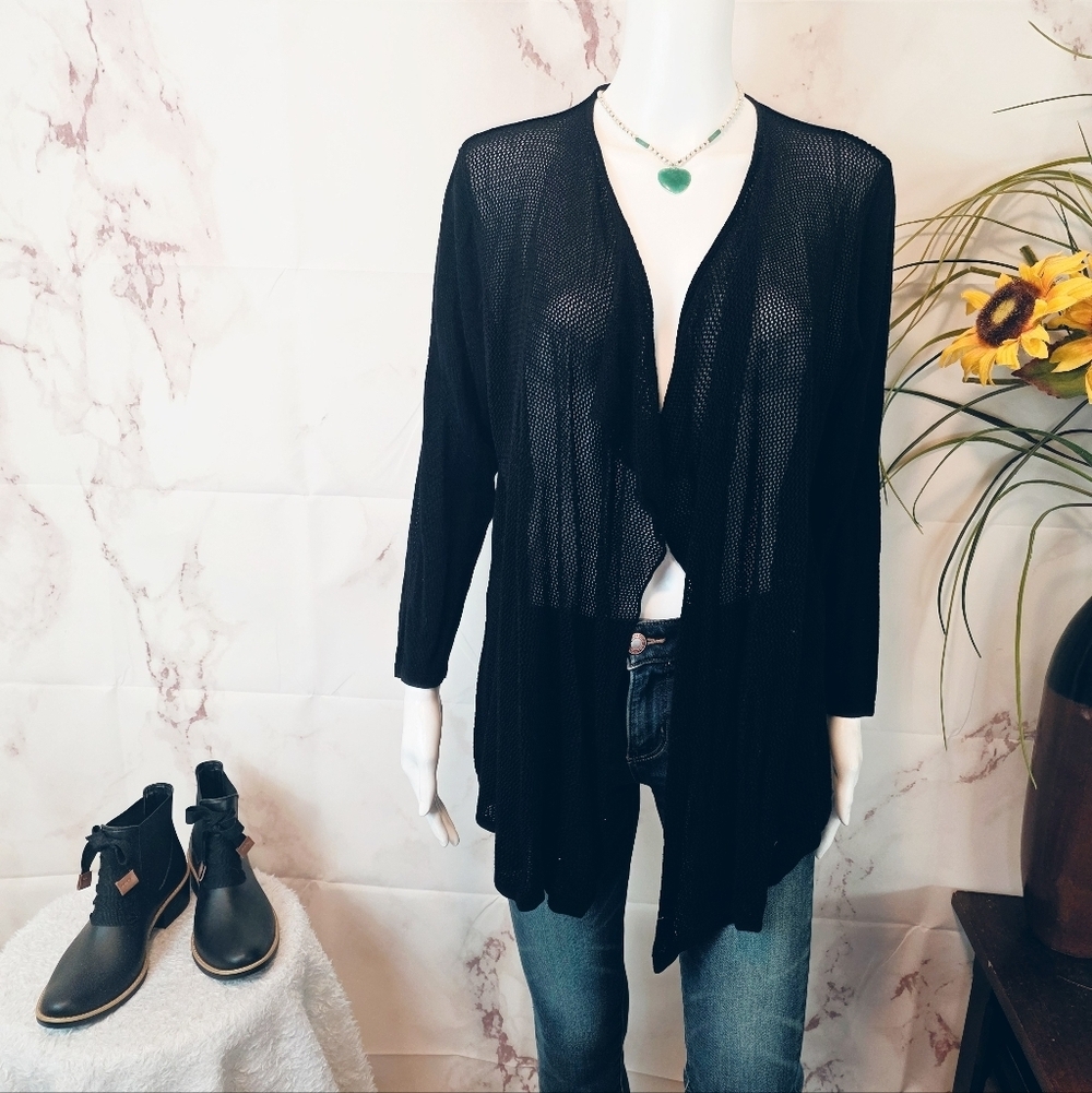 August Silk Black Open Knit Cardigan Lightweight Drape Front Layering Sweater